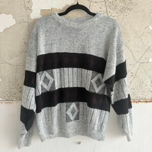 Vtg 90s Sweater Geometric Stripe Gray Black Pullover USA Made Mens L Grandpacore